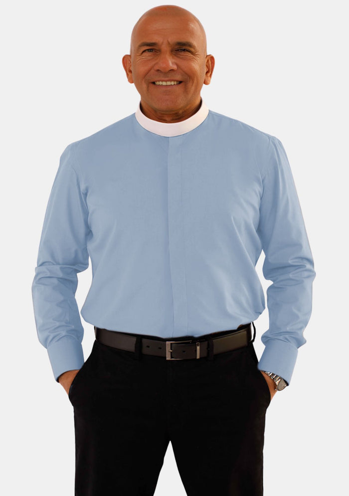 Banded Collar Long Sleeve Sky Blue Clerical Shirt for Men