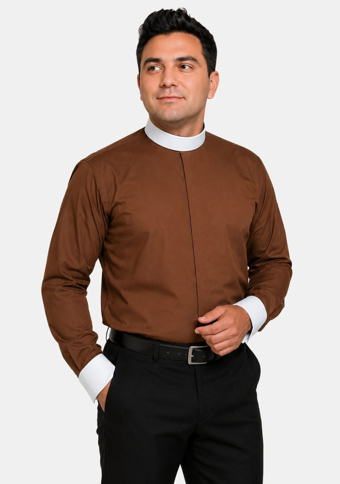 Brown Banded Collar Clergy Shirt