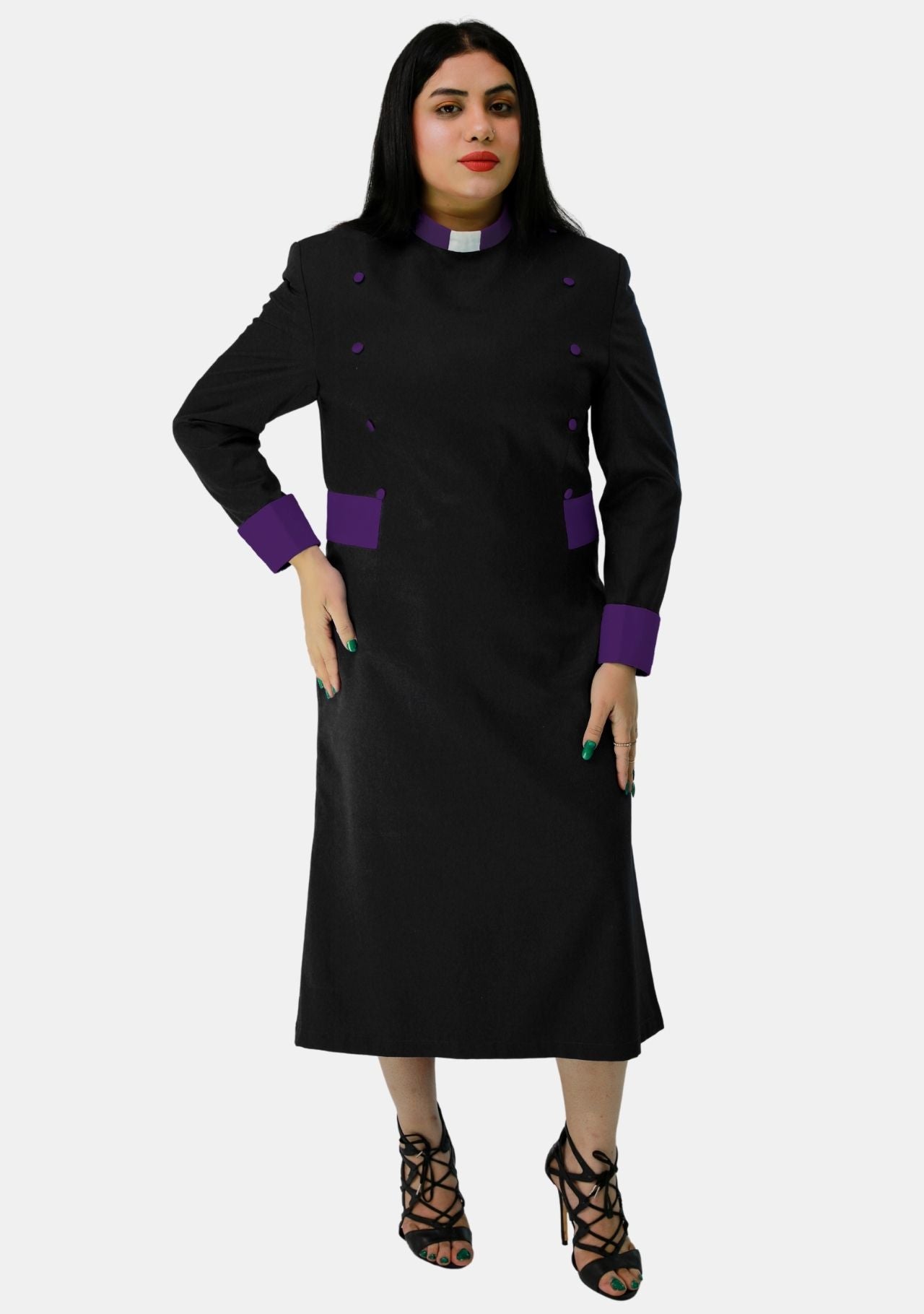 Women's Clergy Dress Black with Purple Designer Buttons | eClergys Women's Clergy Dress Black with Purple Designer Buttons | eClergys