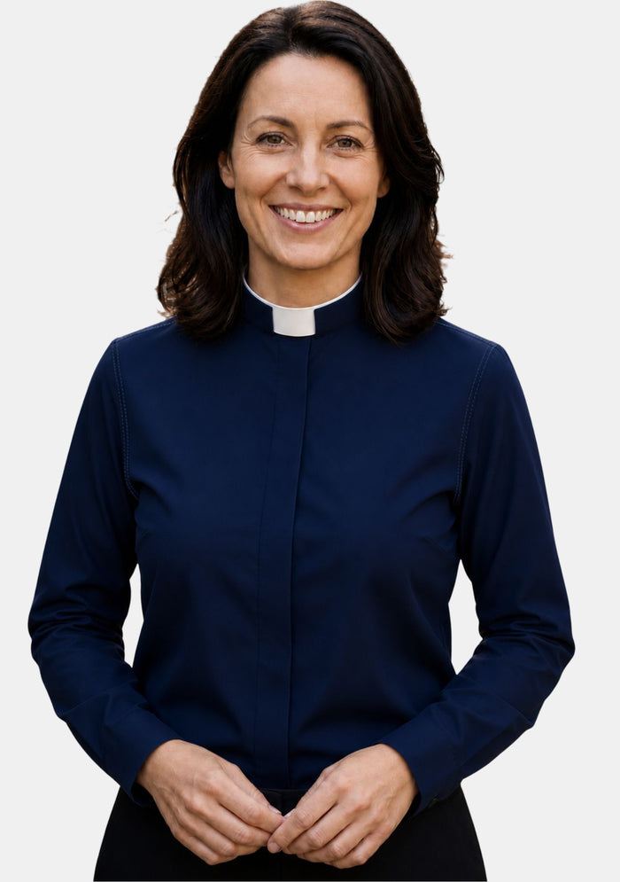 Tirzah Roman Collar Long Sleeve Clergy Shirt for Women Navy Blue