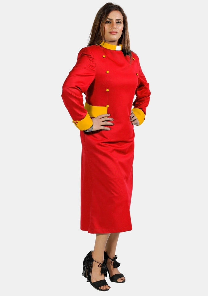 Womens Clergy Dress Red with Gold Designer Buttons
