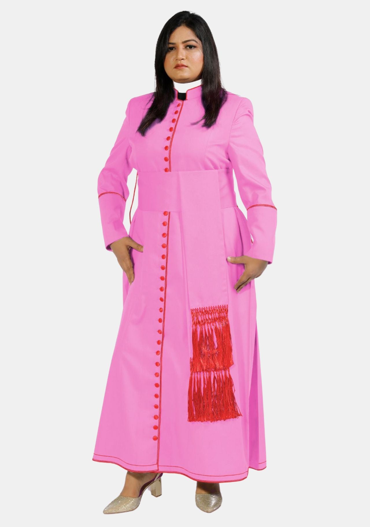 Pink Cassock with Red Trim and 33 Fabric-Covered Buttons – eClergys