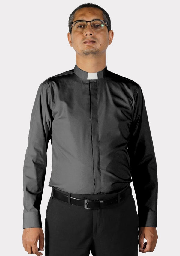 Tab Collar Black Long Sleeve Clergy Shirt for Men