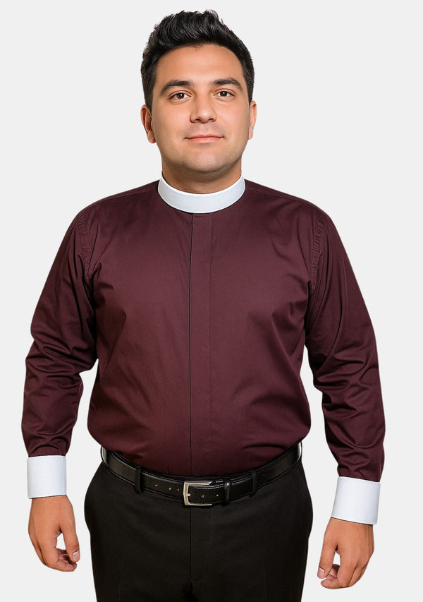 Brown Banded Collar Clergy Shirt