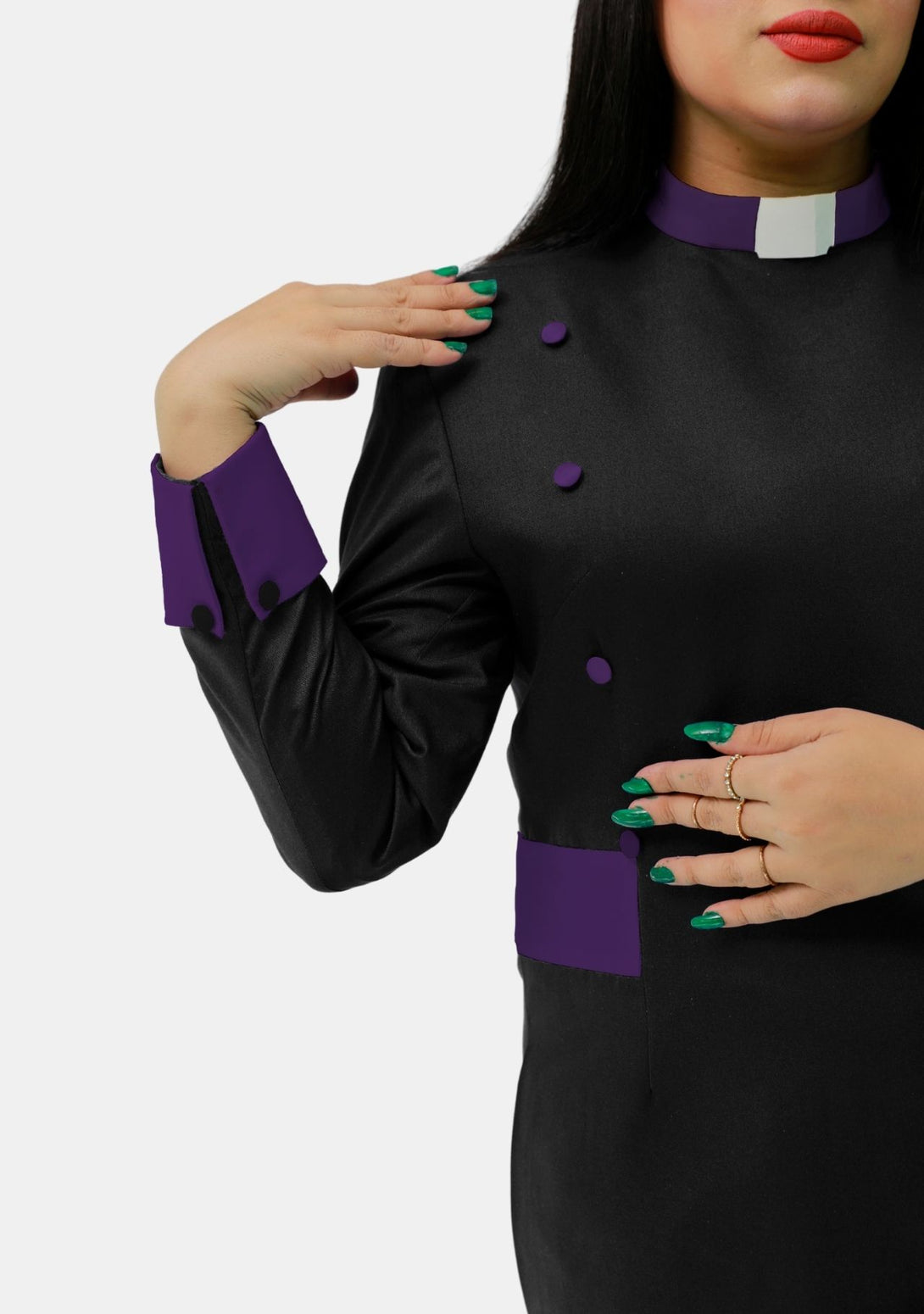 women's clergy dress black with white designer buttons Women's Clergy Dress Black White Designer Buttons