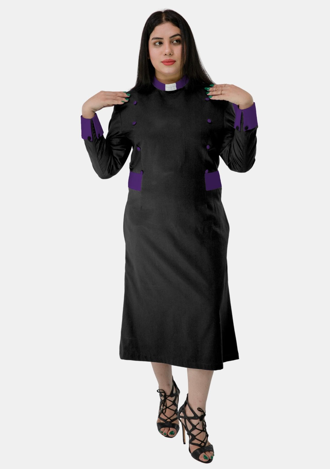 women's clergy dress black with black designer buttons Tally Taylor 4846 Clergy Dress
