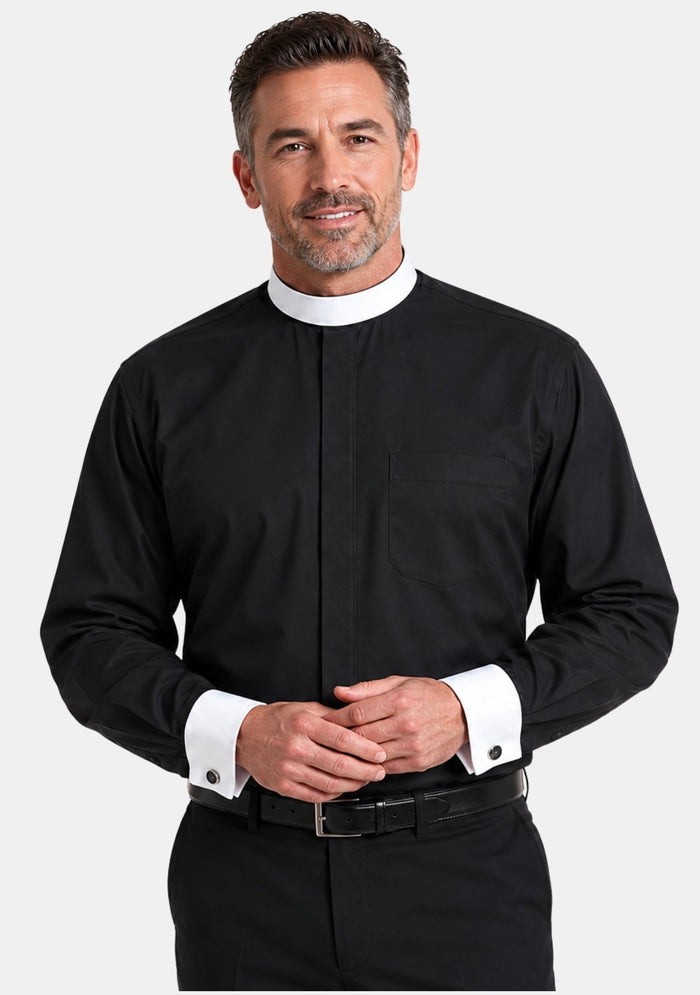 French Cuffs Full Collar Black Clergy Shirt for Men