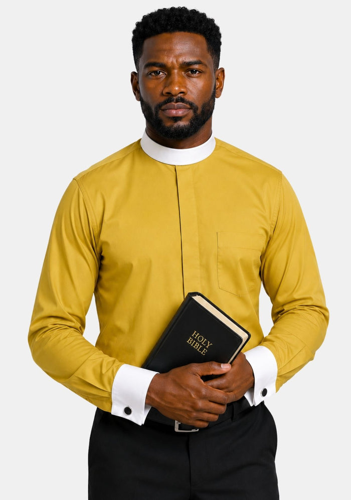 French Cuffs Full Collar Gold Clergy Shirt for Men