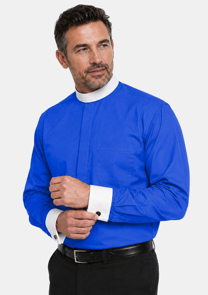 French Cuffs Full Collar Royal Blue Clergy Shirt for Men