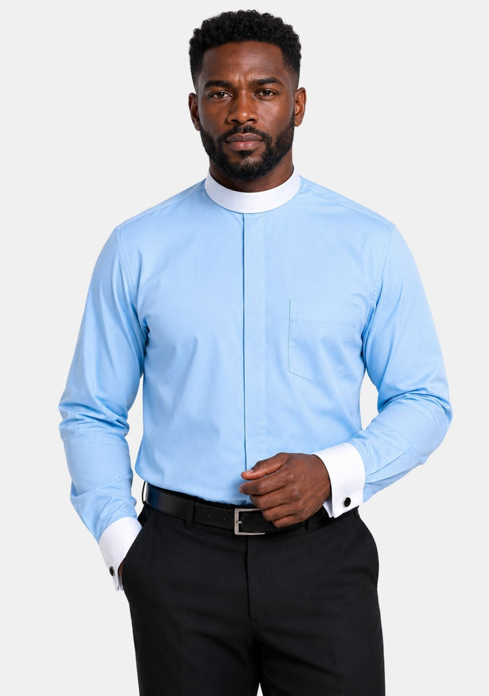 French Cuffs Full Collar Sky Blue Clergy Shirt for Men