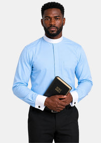 French Cuffs Full Collar Sky Blue Clergy Shirt for Men