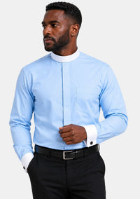 French Cuffs Full Collar Sky Blue Clergy Shirt for Men
