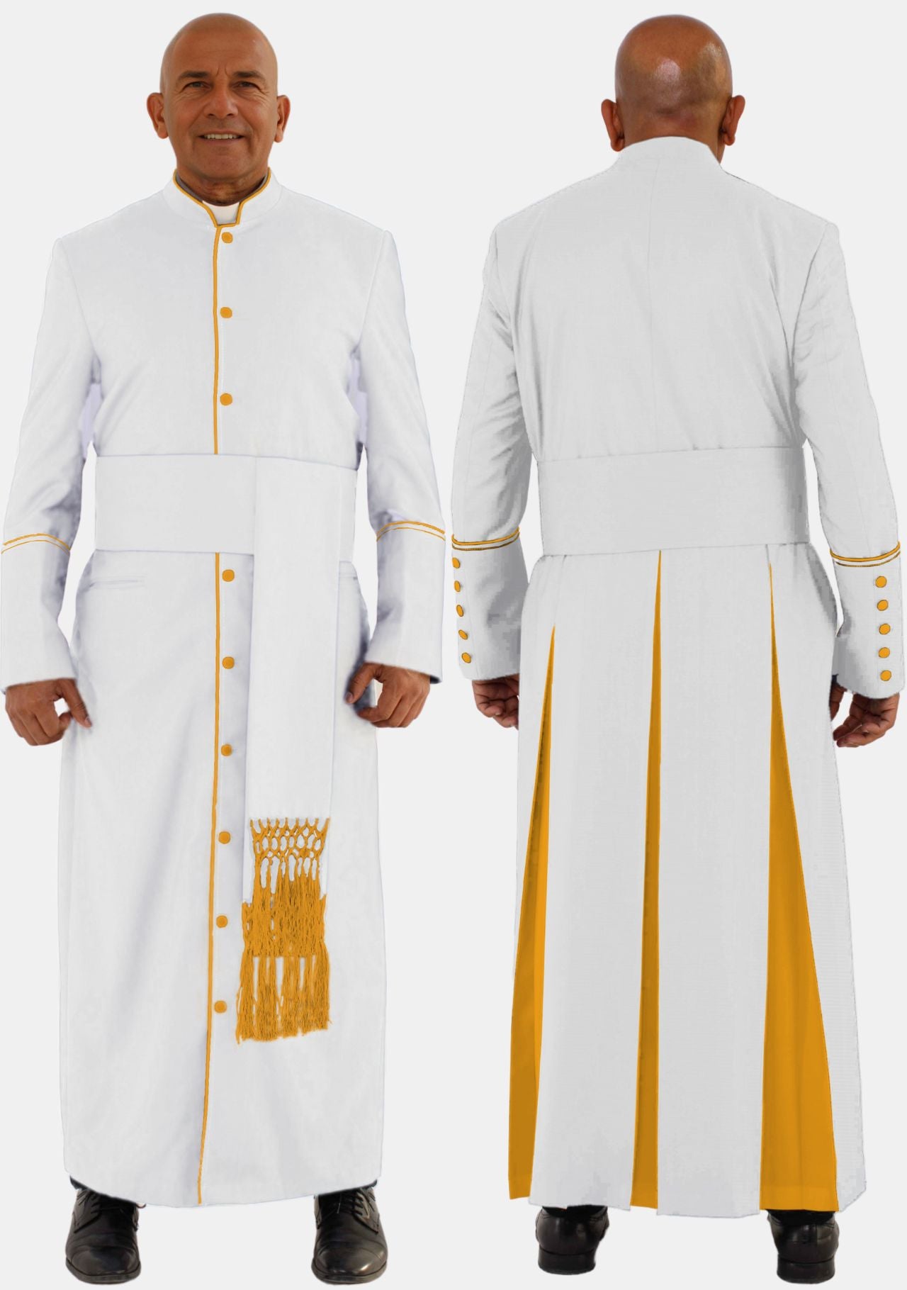 Mens White and Gold Clerical Robe with Pleated Back – eClergys