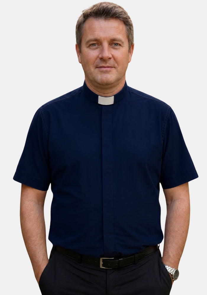 Jair Tab Collar Short Sleeve Navy Blue Clergy Shirt for Men