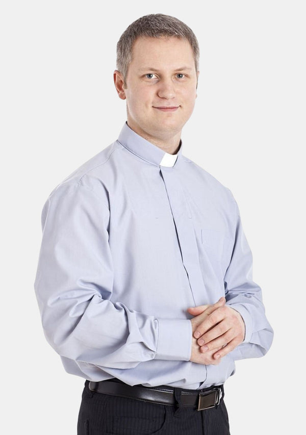 Long Sleeve Tab Collar Sky Blue Clerical Shirt for Men