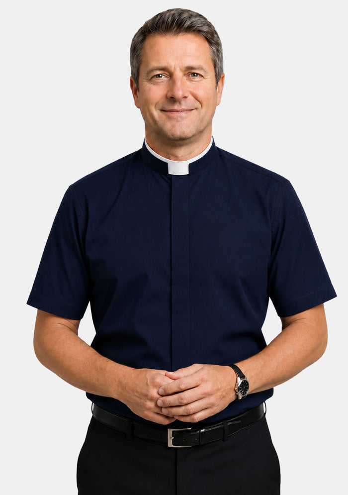 Roman Collar Short Sleeve Navy Blue Clergy Shirt for Men