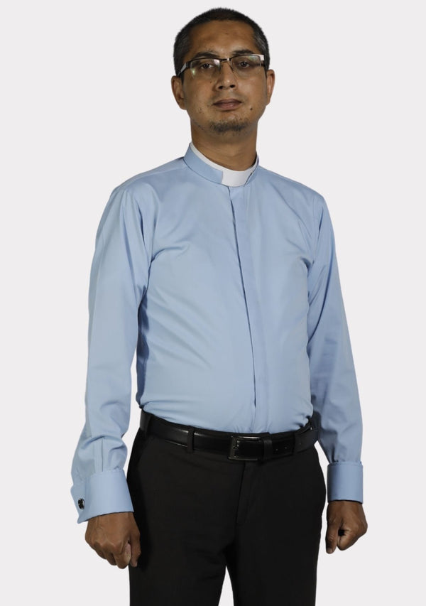 Long Sleeve Roman Collar Light Blue Clergy Shirt for Men