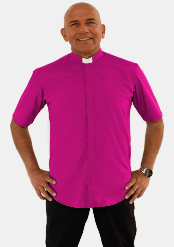 Tab Collar Short Sleeve Red Purple Clergy Shirt for Men