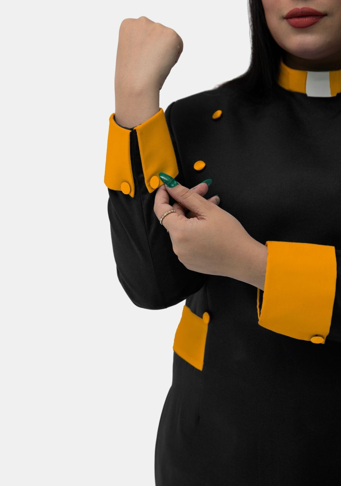 women's clergy dress black with white designer buttons Black Clergy Dress with Golden Designer Button Look