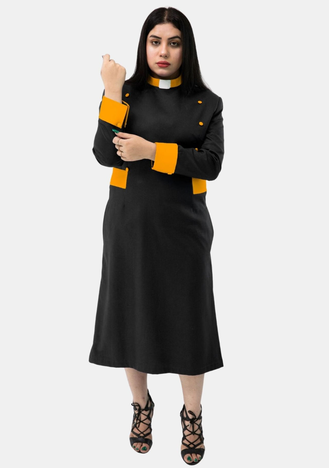 women's clergy dress black with white designer buttons Womens Clergy Dress Black with Designer Buttons