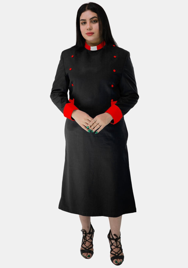 Womens Clergy Dress Black with Red Designer Buttons