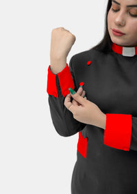 Womens Clergy Dress Black with Red Designer Buttons