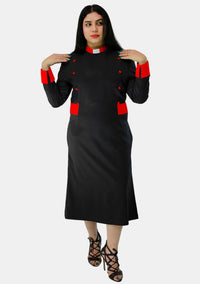 Womens Clergy Dress Black with Red Designer Buttons