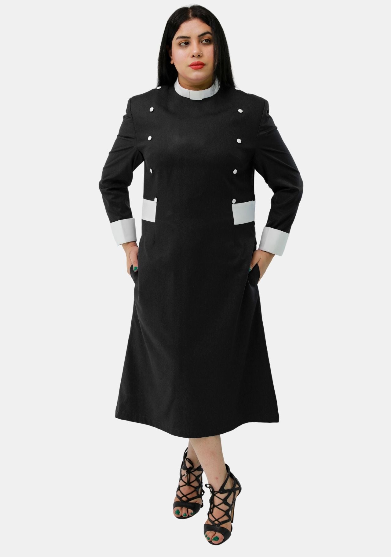 Women’s Clergy Dress Black White Designer Buttons