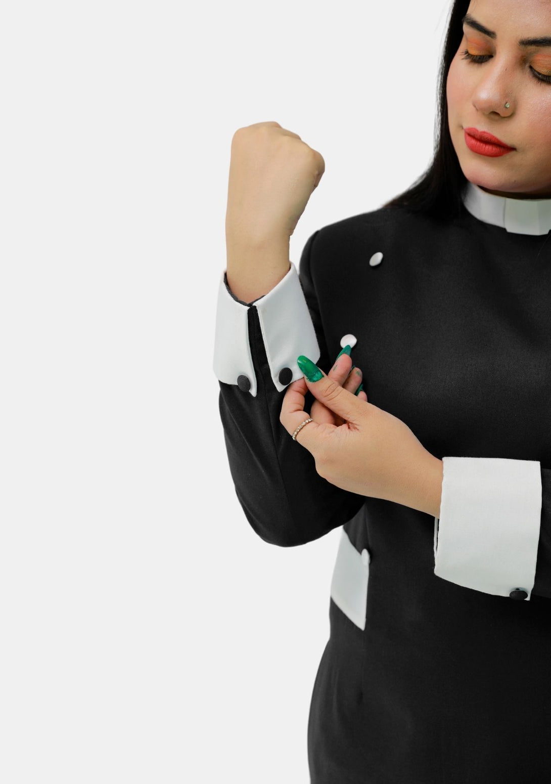 women's clergy dress black with white designer buttons Womens Clergy Dress Black with White Designer Buttons
