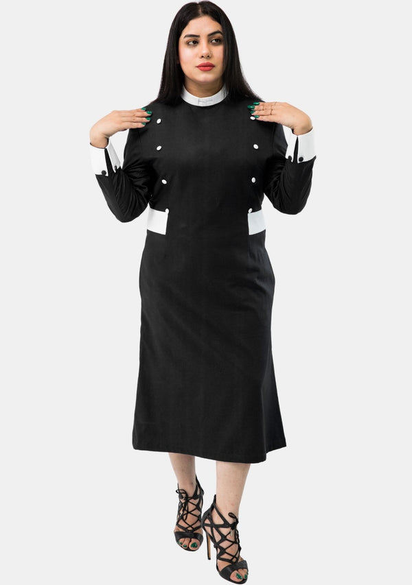 Womens Clergy Dress Black with White Designer Buttons