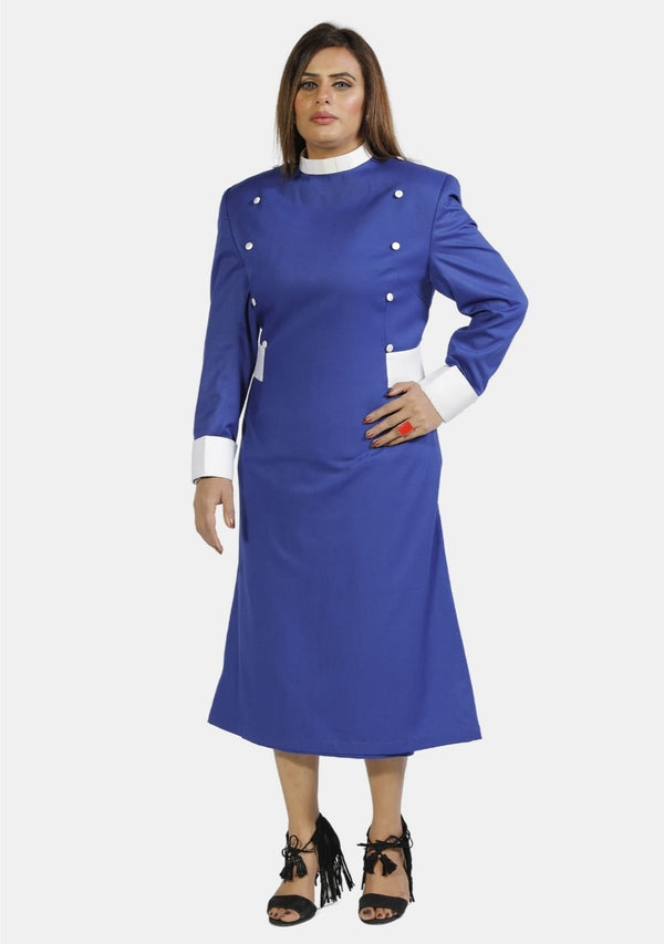 Designer Buttons Clergy Dress Royal Blue With White
