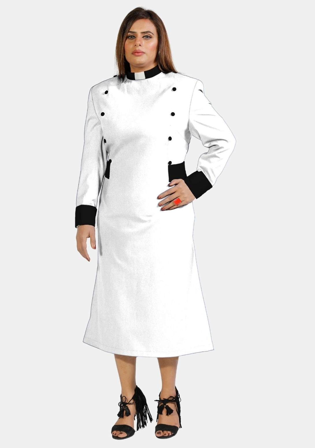 Womens Clergy Dress White with Black Designer Buttons | eClergys Womens Clergy Dress White with Black Designer Buttons | eClergys