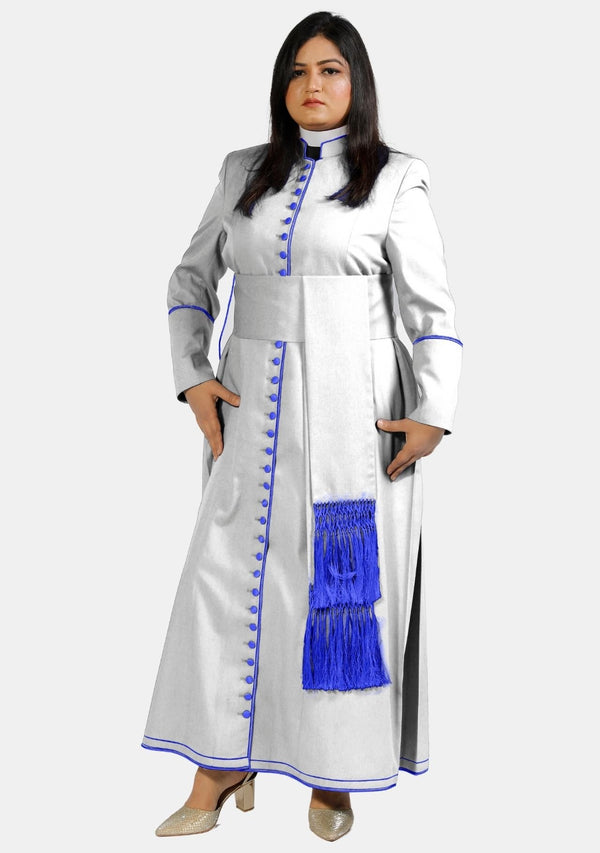 Ethereal white Women Cassock with Blue Trim