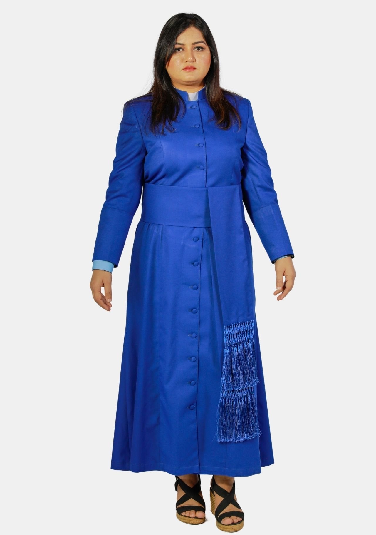 Blue Clergy Robe with 14 Fabric Buttons and Soft Comfort – eClergys